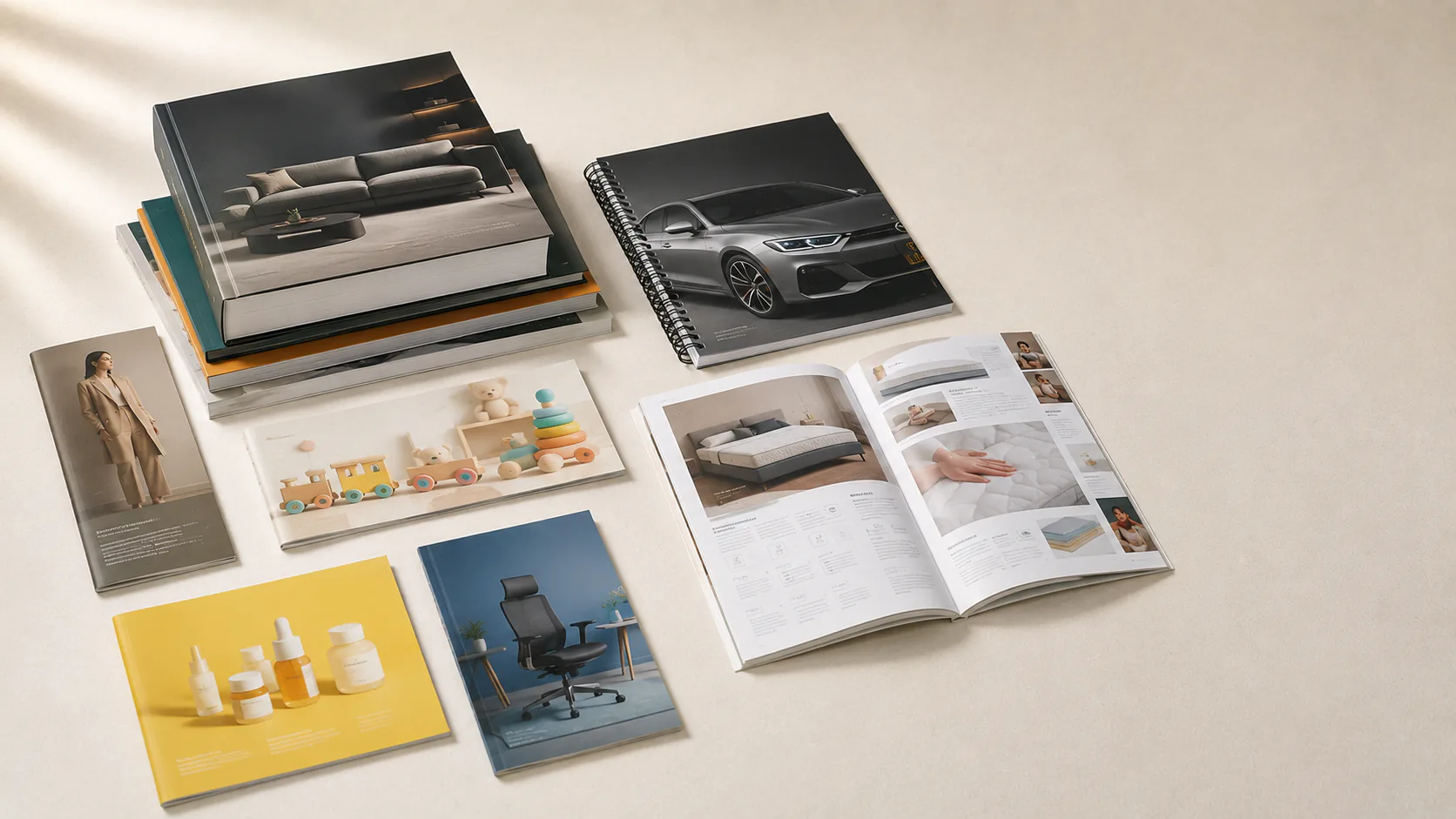 katalog firmowy w oprawie klejonej PUR, rozłożone strony