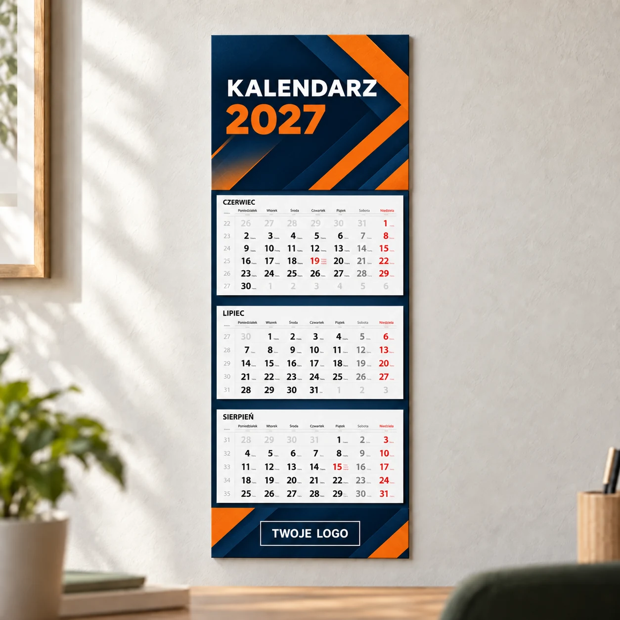 Kalendarze trójdzielne z główką, trzema blokami kalendarium i przesuwnym okienkiem